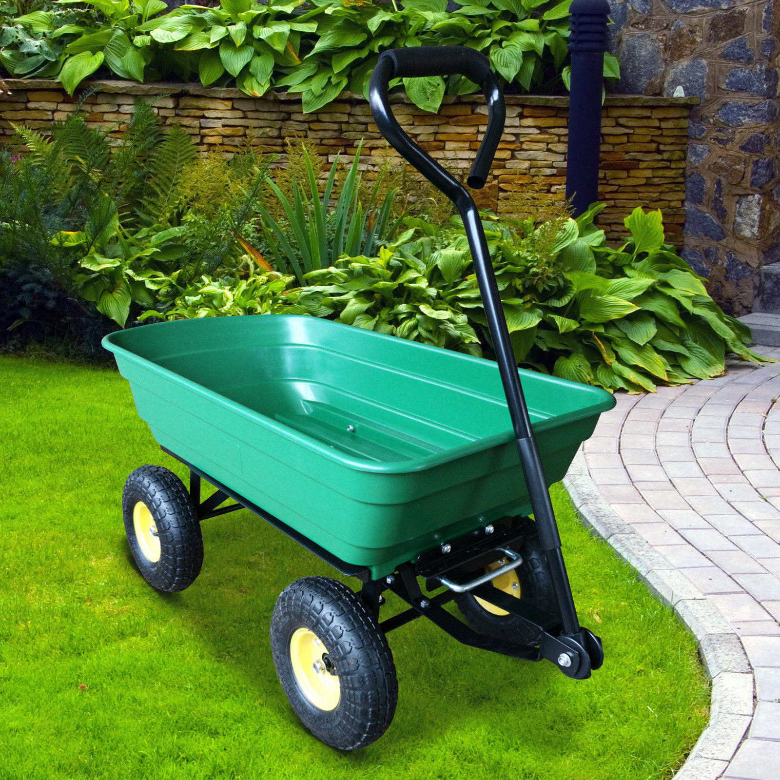 Outsunny 75L Garden Cart Trolley Dump Wheelbarrow Handle Trailer Truck